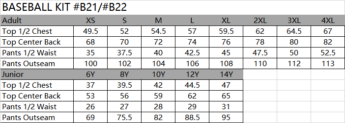 SIZE CHART SPORTSWEAR
