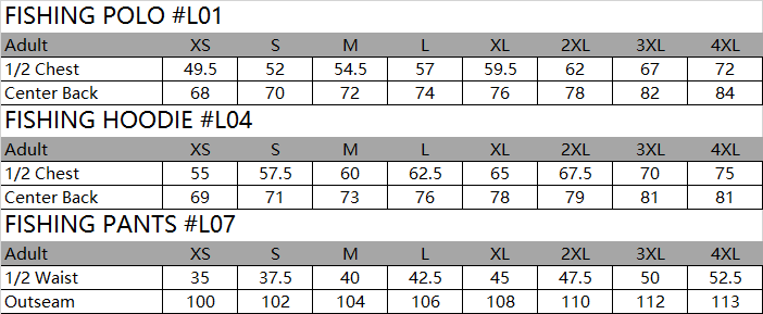 SIZE CHART SPORTSWEAR
