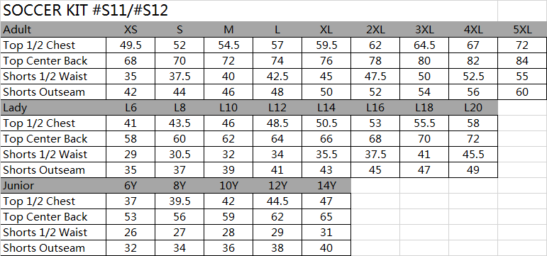 SIZE CHART SPORTSWEAR