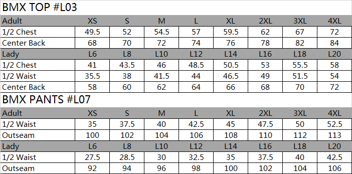 SIZE CHART SPORTSWEAR
