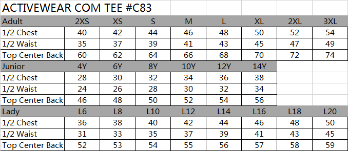 SIZE CHART ACTIVEWEAR