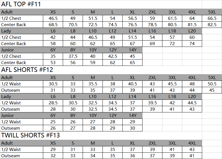 SIZE CHART SPORTSWEAR