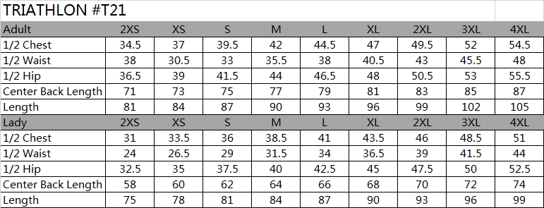 SIZE CHART SPORTSWEAR