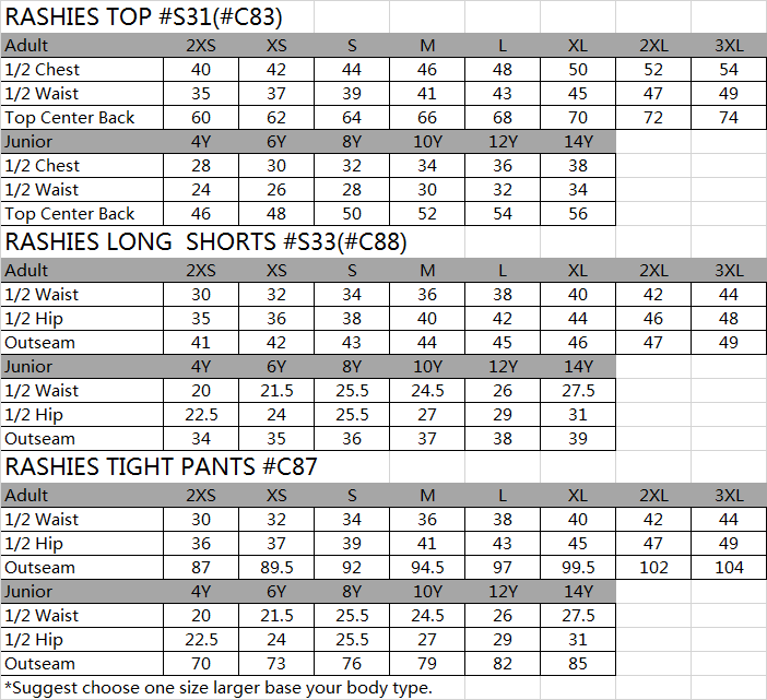 SIZE CHART SPORTSWEAR
