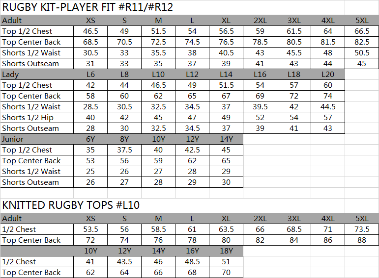 SIZE CHART SPORTSWEAR