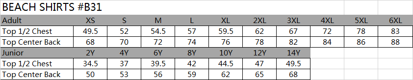 SIZE CHART SPORTSWEAR