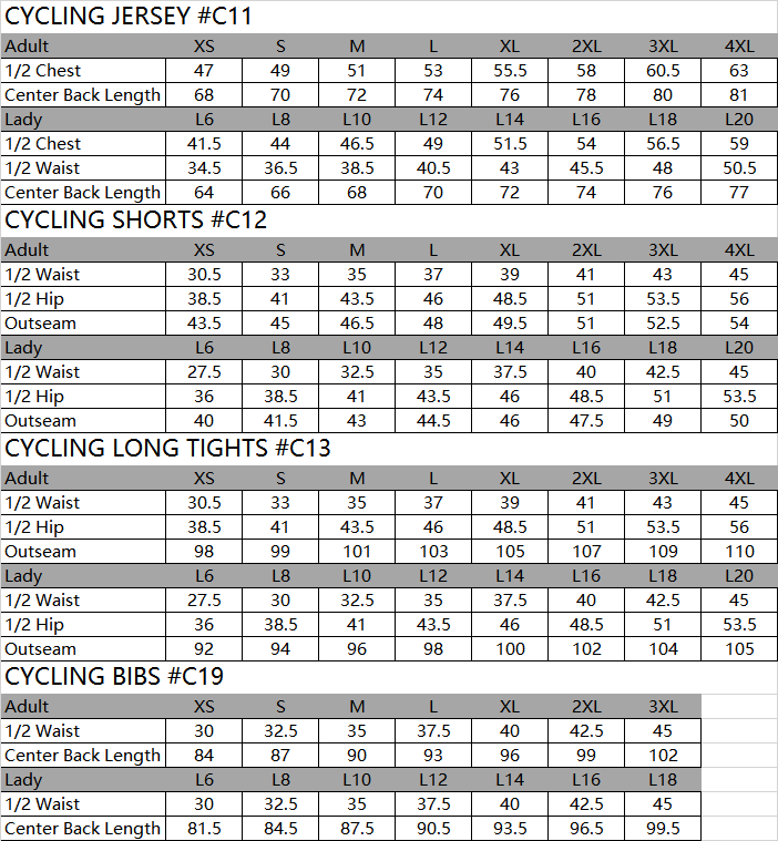 SIZE CHART SPORTSWEAR
