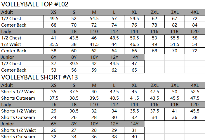SIZE CHART SPORTSWEAR