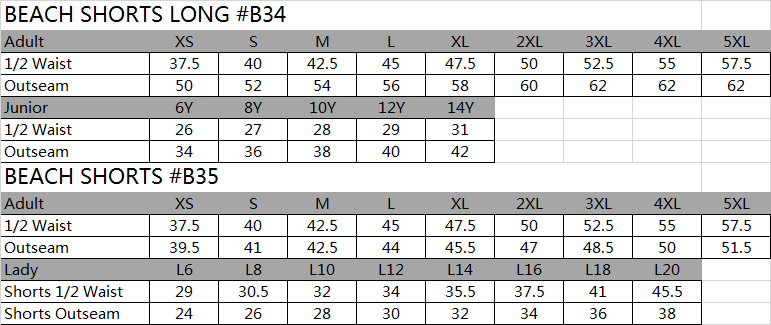 SIZE CHART SPORTSWEAR