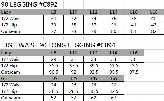SIZE CHART ACTIVEWEAR