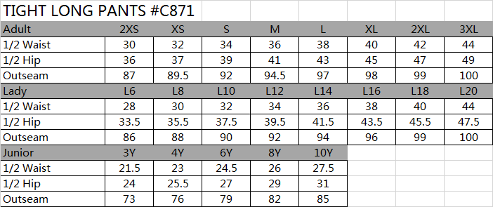 SIZE CHART ACTIVEWEAR