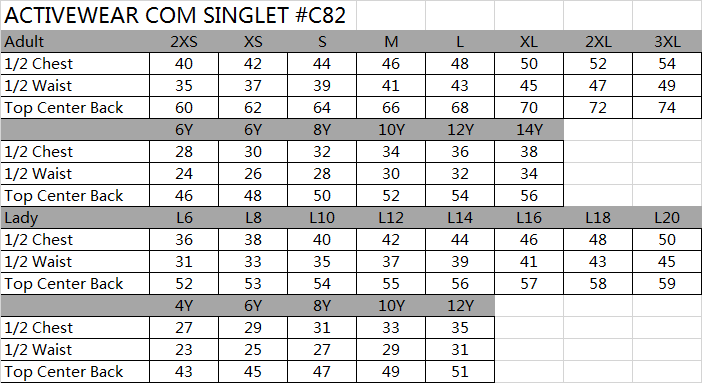 SIZE CHART ACTIVEWEAR