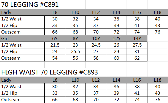 SIZE CHART ACTIVEWEAR
