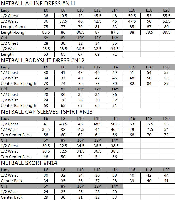 SIZE CHART SPORTSWEAR